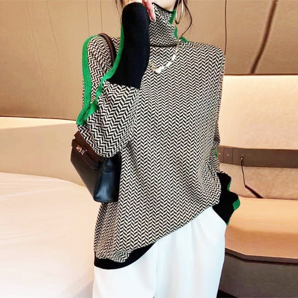 Solange | Herringbone Turtleneck Sweater with Side Stripe