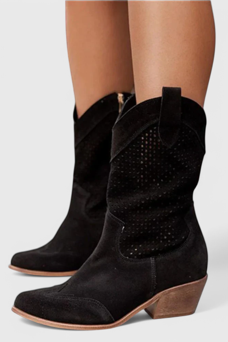 Malia | Perforated Western Mid-Calf Boots with Block Heel