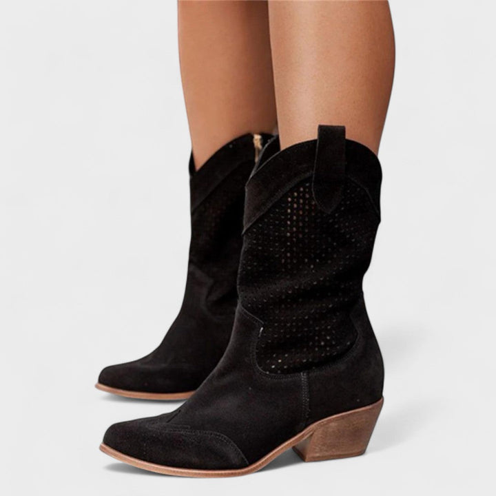 Earlene | Perforated Western Boots with Block Heel