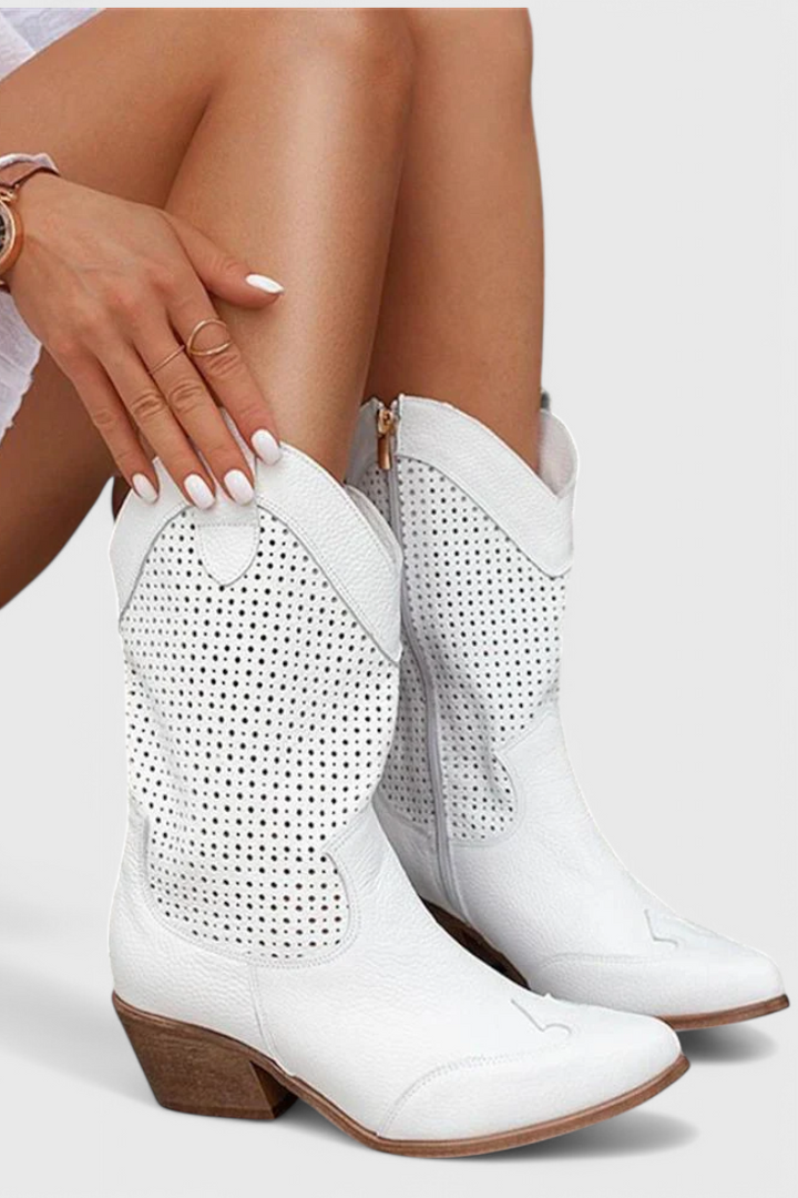 Malia | Perforated Western Mid-Calf Boots with Block Heel