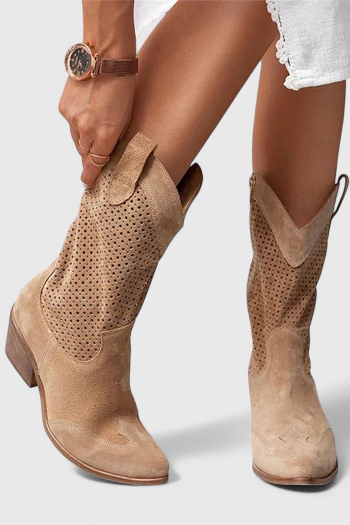 Malia | Perforated Western Mid-Calf Boots with Block Heel