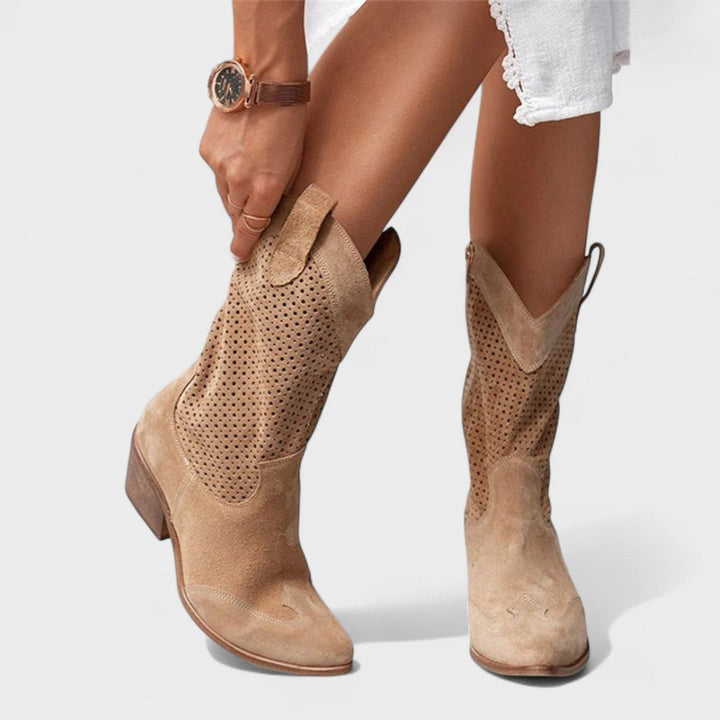 Earlene | Perforated Western Boots with Block Heel
