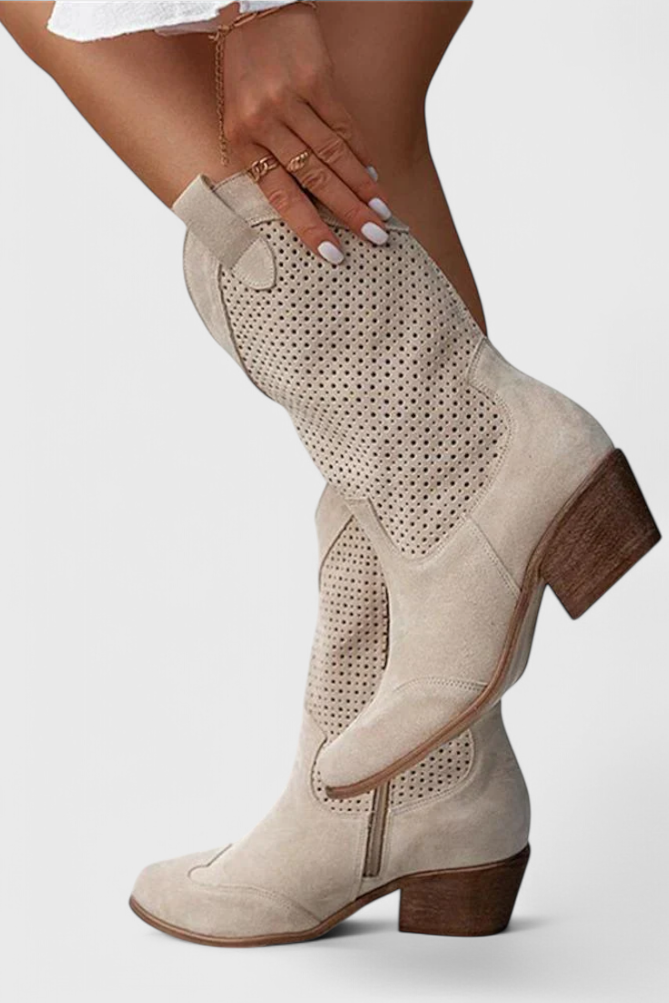 Malia | Perforated Western Mid-Calf Boots with Block Heel