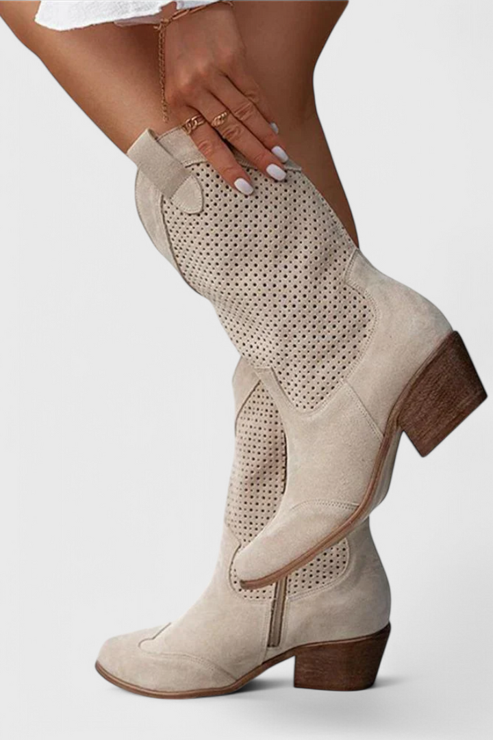Malia | Perforated Western Mid-Calf Boots with Block Heel