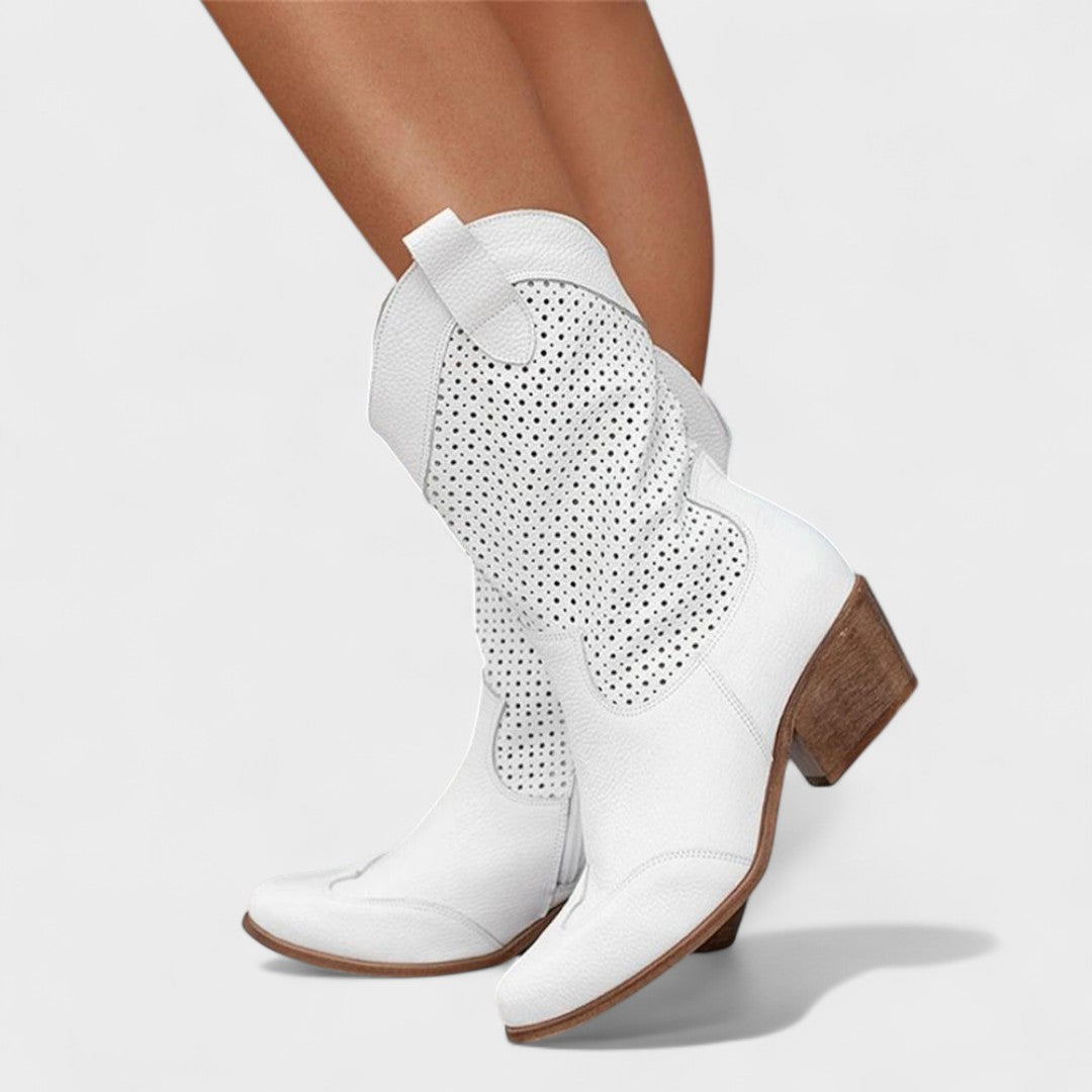Earlene | Perforated Western Boots with Block Heel