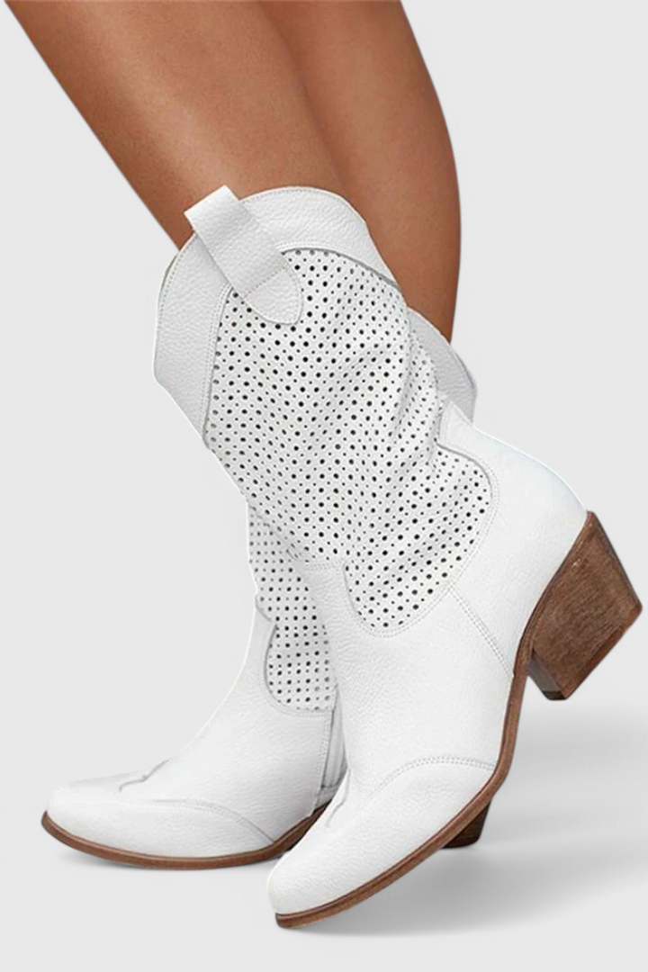 Malia | Perforated Western Mid-Calf Boots with Block Heel
