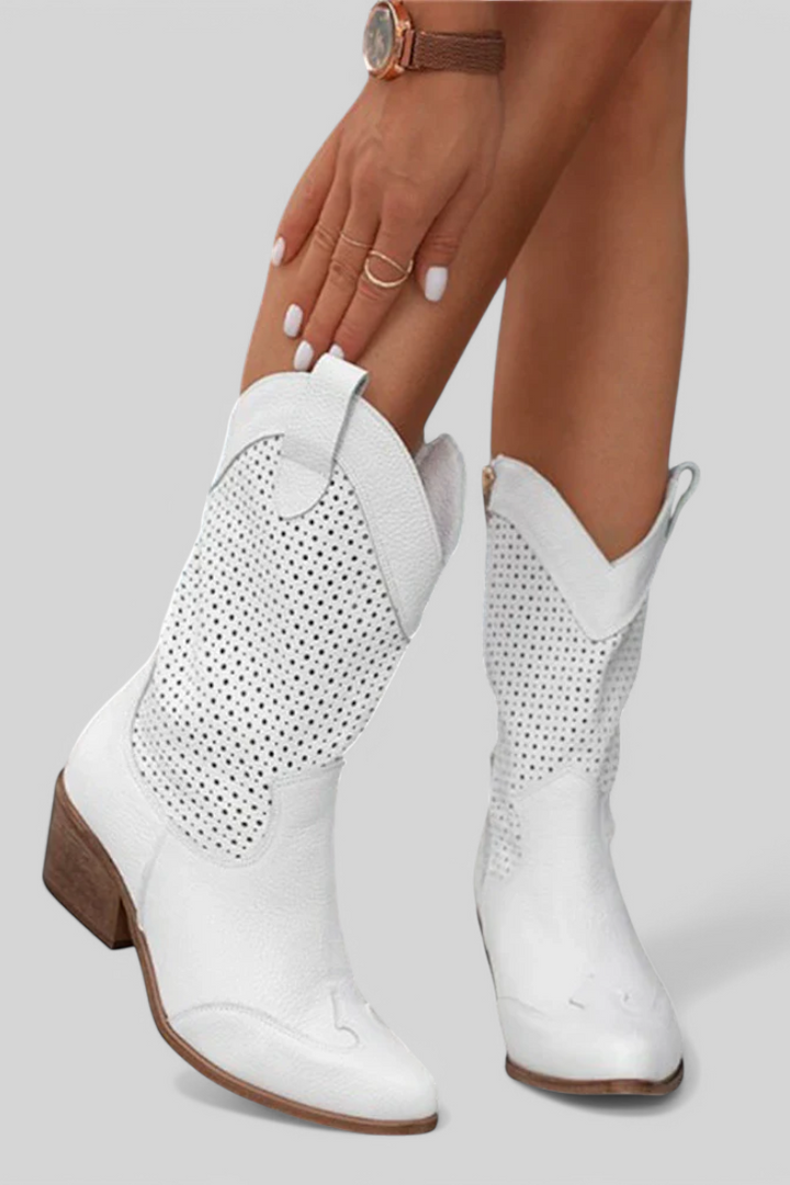 Malia | Perforated Western Mid-Calf Boots with Block Heel
