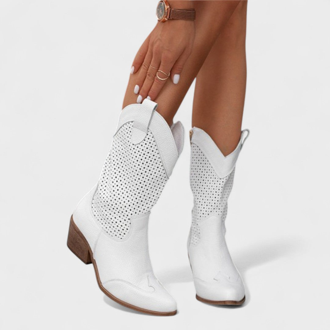 Earlene | Perforated Western Boots with Block Heel