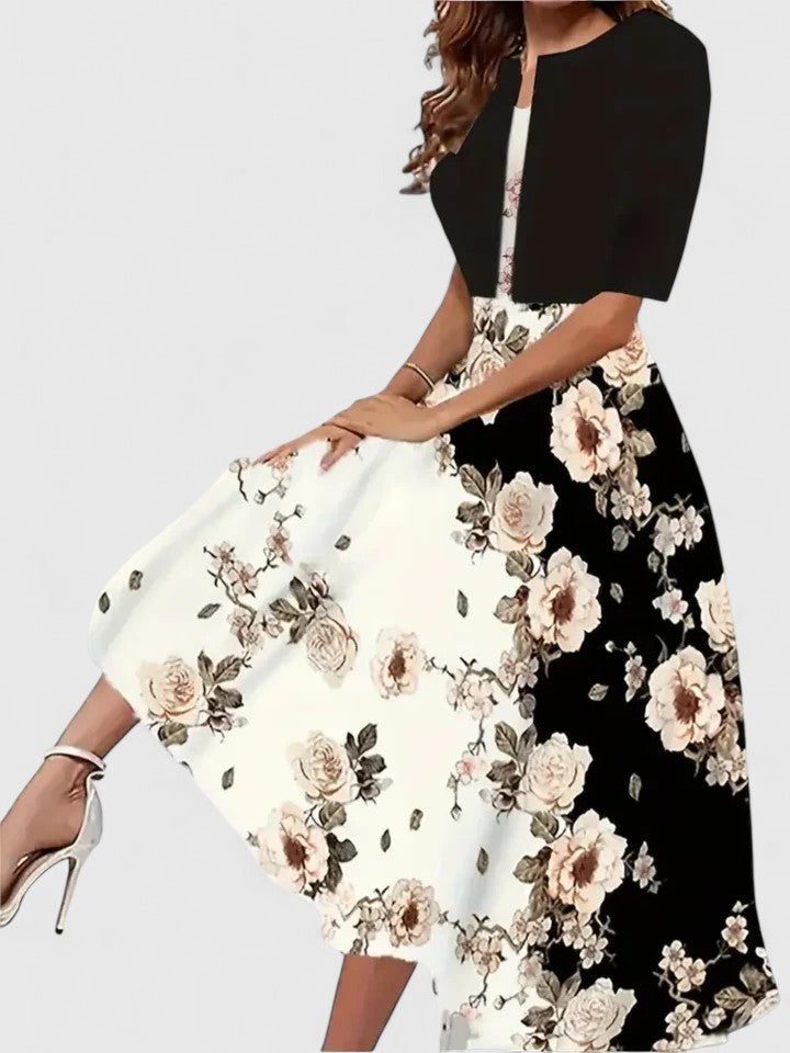 Coraliene | Floral Print Midi Dress with Cardigan