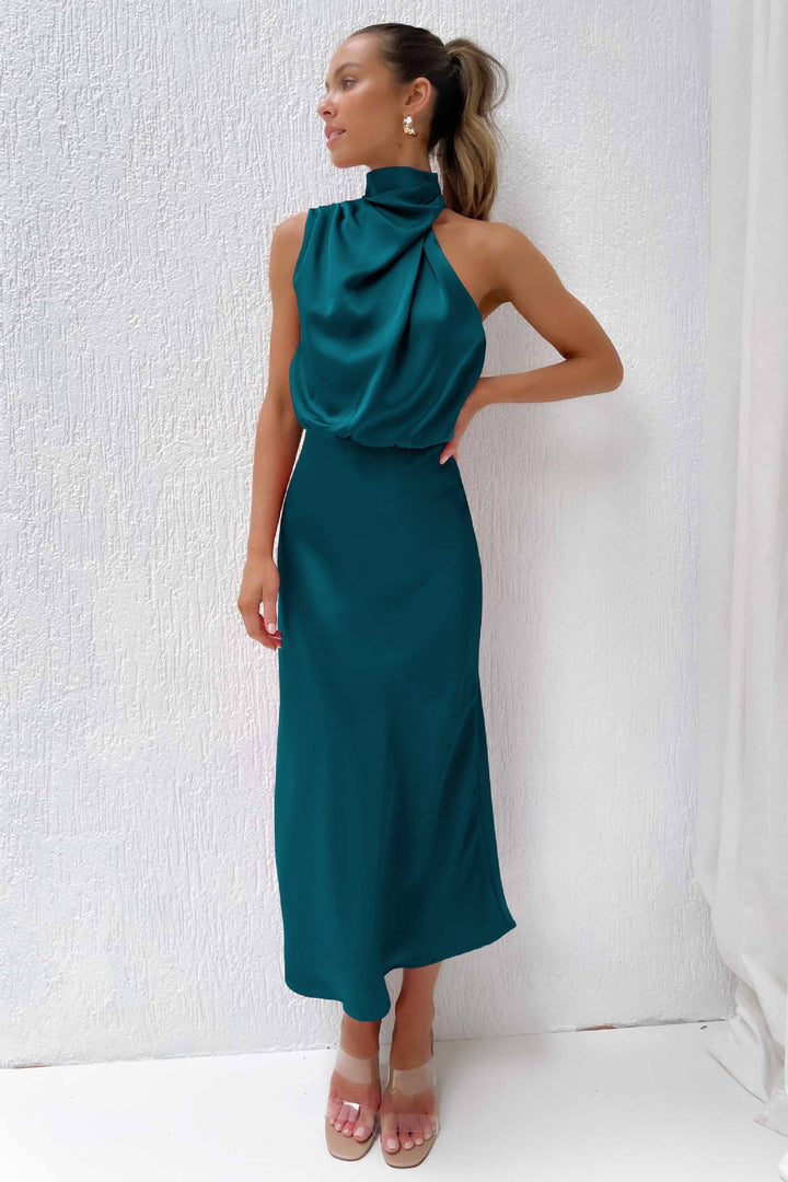 Tessina | Draped Halter Neck Satin Midi Dress