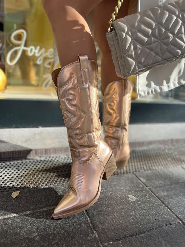 Ruth | Embroidered Cowboy Boots with Block Heel