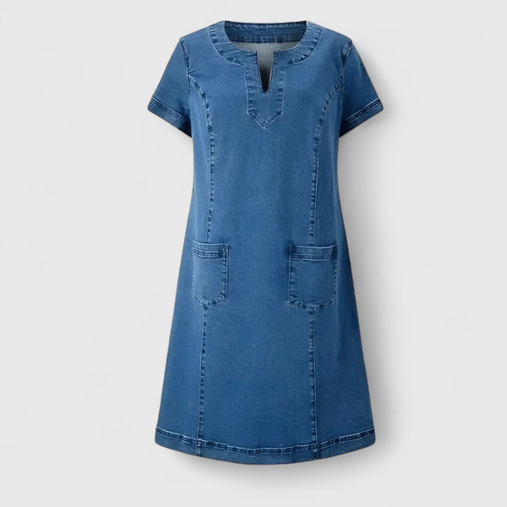Angelica | Blue Denim Midi Dress with Pockets