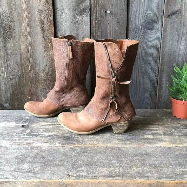 Dawn | Brown Mid-Calf Western Boots with Heel