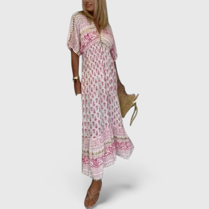 Coraline-Rose | Pink Boho Print Maxi Dress Tassel