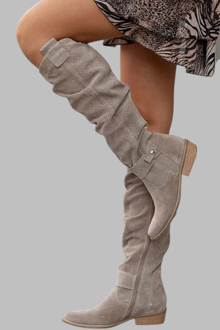 Tisha | Taupe Slouchy Knee-High Block Heel Boots