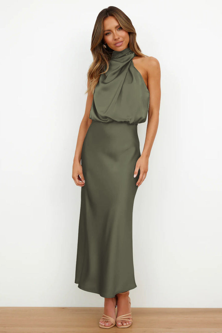 Tessina | Draped Halter Neck Satin Midi Dress