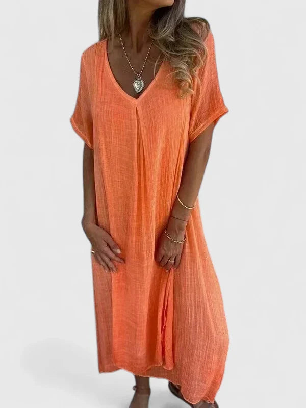 Margery | V-Neck Linen Dress with Short Sleeves