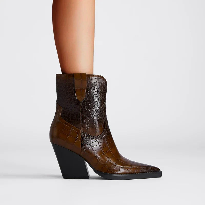 Tansy | Croc Embossed Western Boots with Block Heel