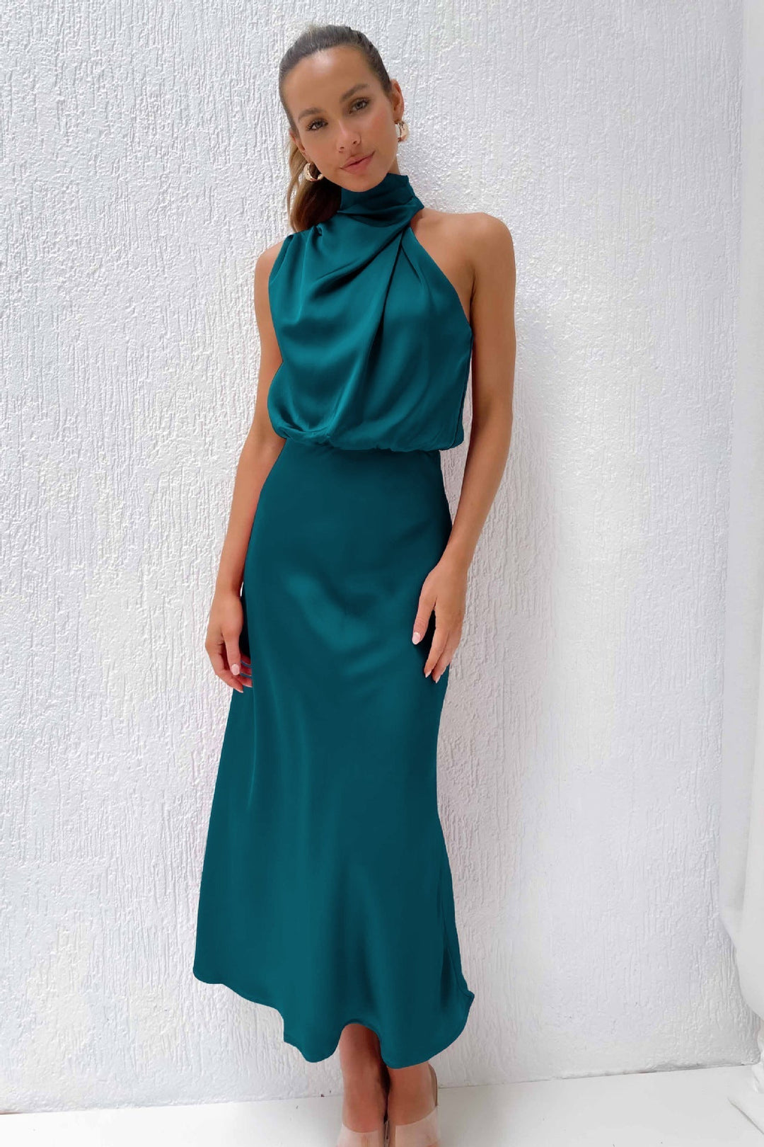 Tessina | Draped Halter Neck Satin Midi Dress