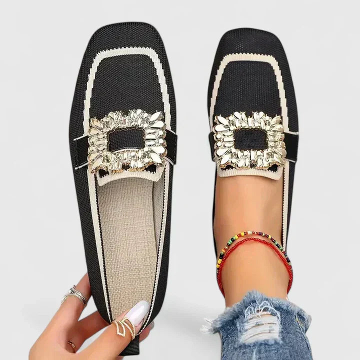 Katharina | Square Toe Loafers with Crystal Buckle