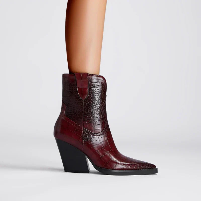 Tansy | Croc Embossed Western Boots with Block Heel