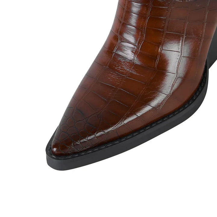 Tansy | Croc Embossed Western Boots with Block Heel
