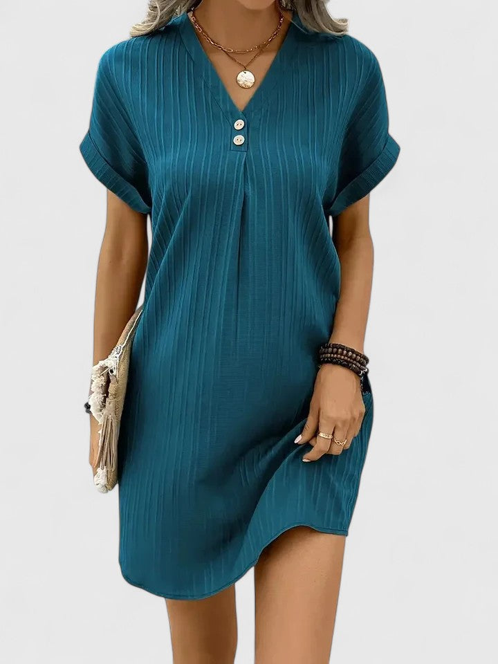 Sabine | V-Neck Ribbed Casual Dress with Buttons