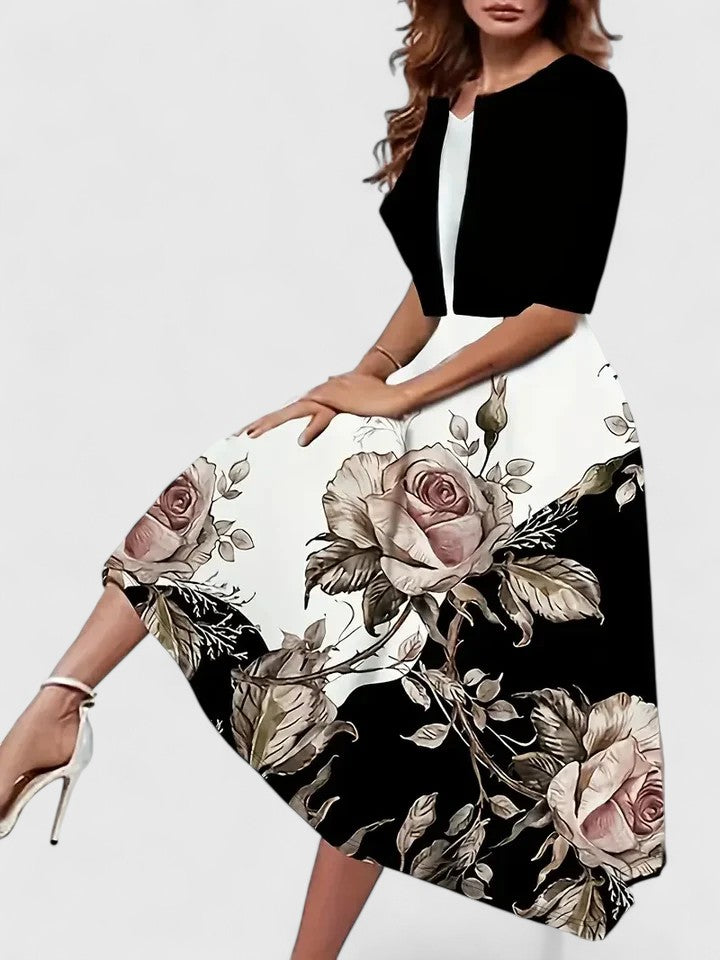 Coraliene | Floral Print Midi Dress with Cardigan