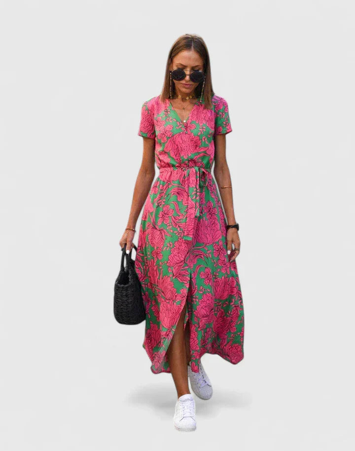 Cleopha | Floral Wrap Midi Dress with Belt