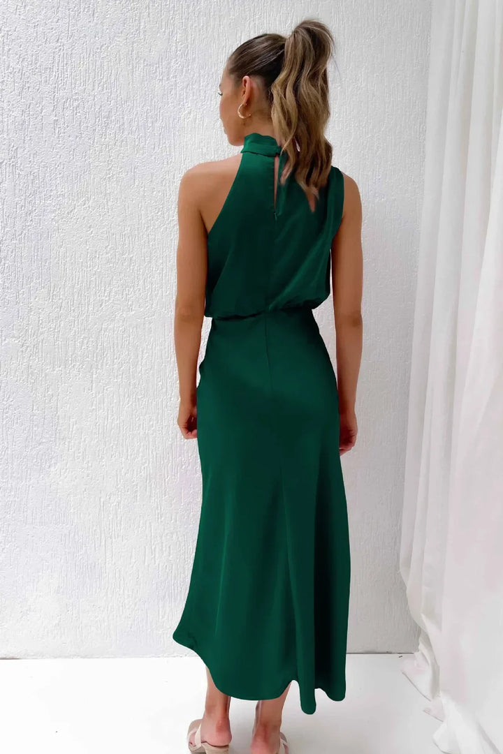 Tessina | Draped Halter Neck Satin Midi Dress