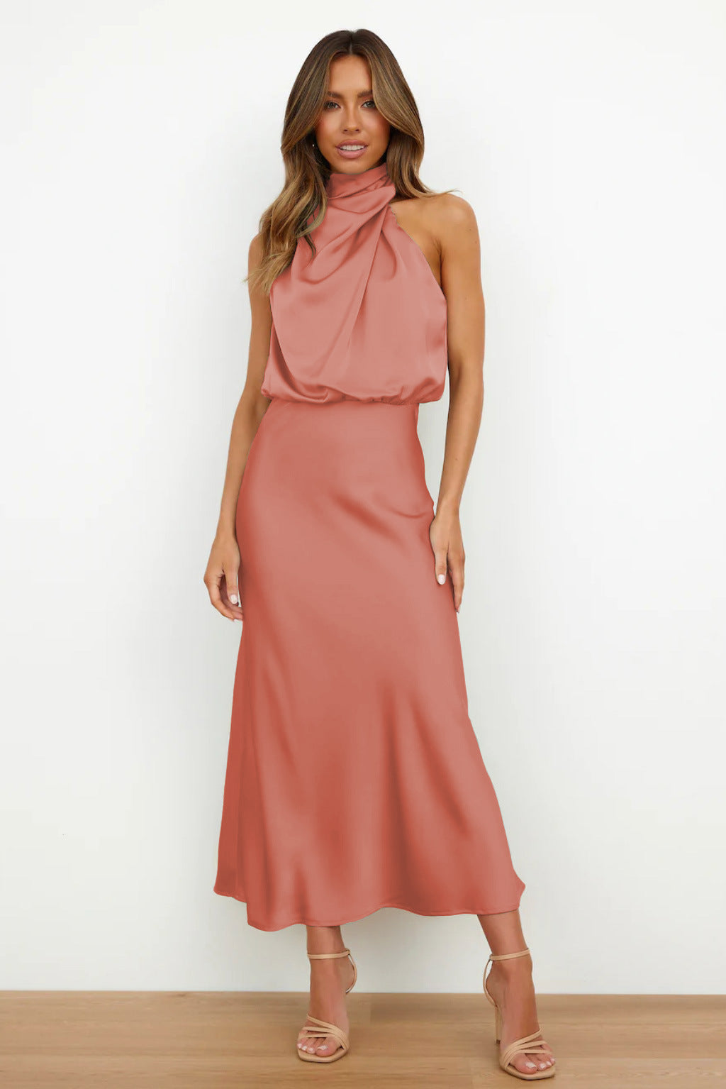 Tessina | Draped Halter Neck Satin Midi Dress