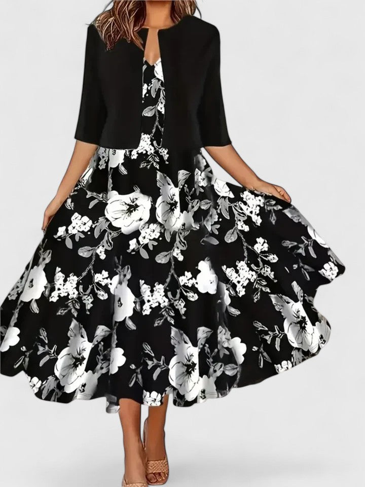 Coraliene | Floral Print Midi Dress with Cardigan
