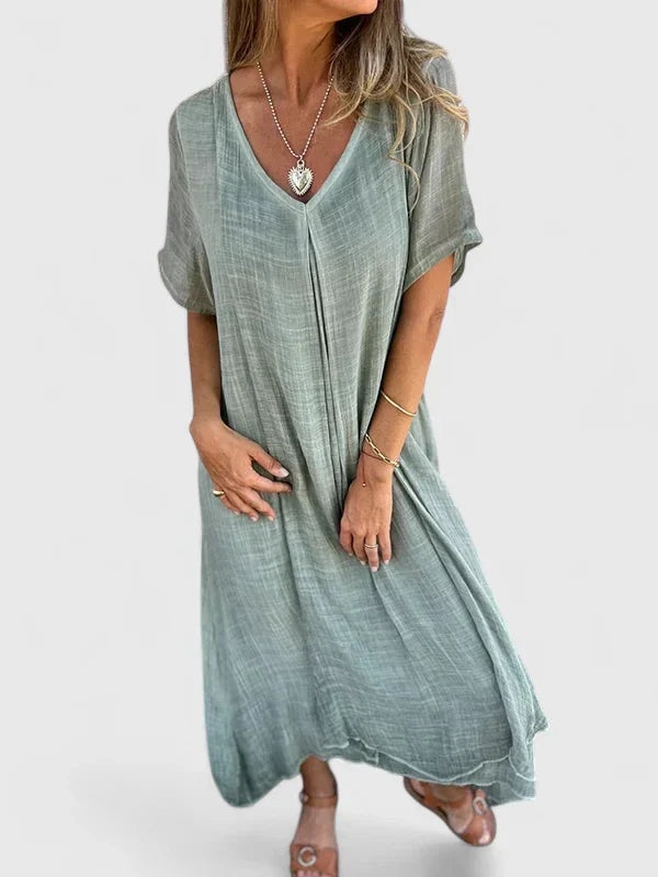 Margery | V-Neck Linen Dress with Short Sleeves
