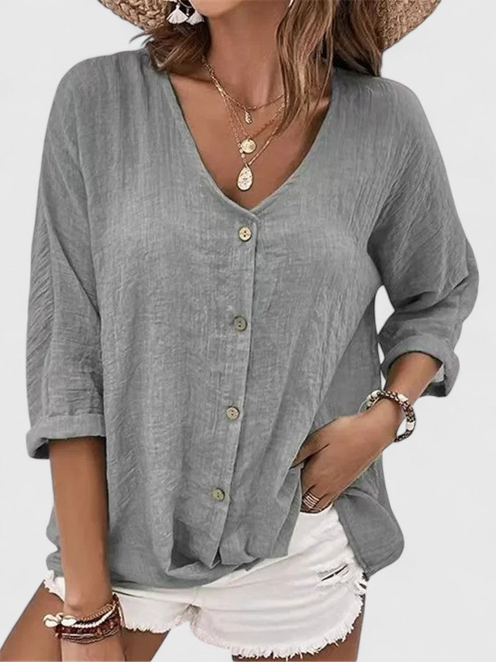 Melora | V-Neck Button-Up Blouse with Long Sleeves