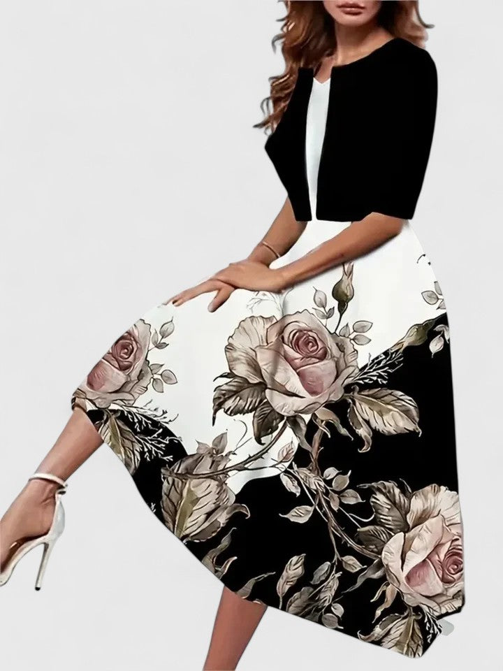 Coraliene | Floral Print Midi Dress with Cardigan