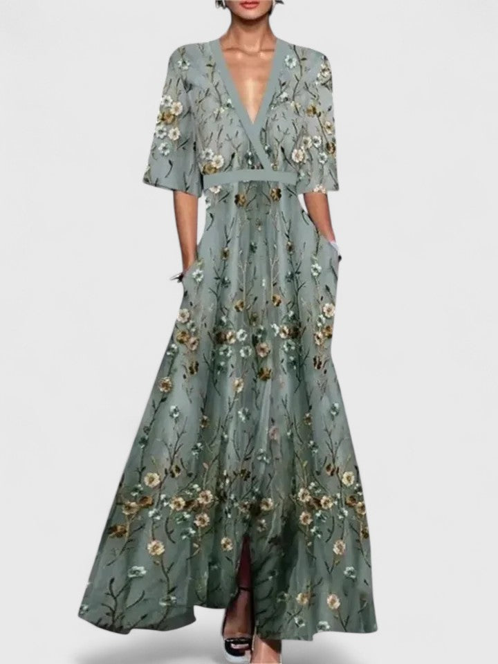 Hattie-Rose | Floral V-Neck Maxi Dress with Sleeves