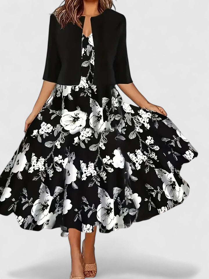 Coraliene | Floral Print Midi Dress with Cardigan