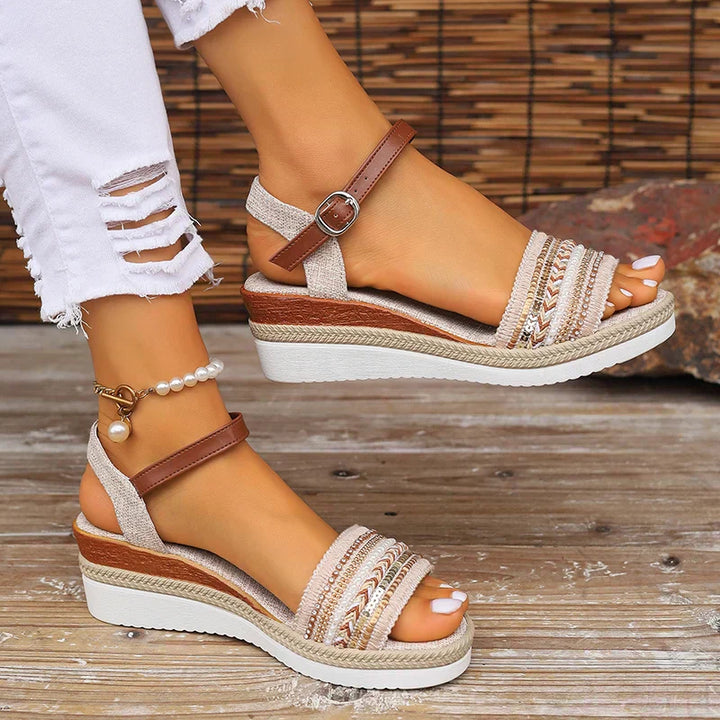 Emmy | Beige Bohemian Wedge Sandals with Ankle Strap
