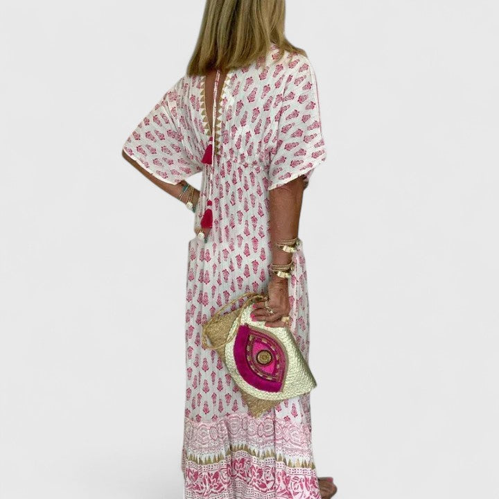 Coraline-Rose | Pink Boho Print Maxi Dress Tassel