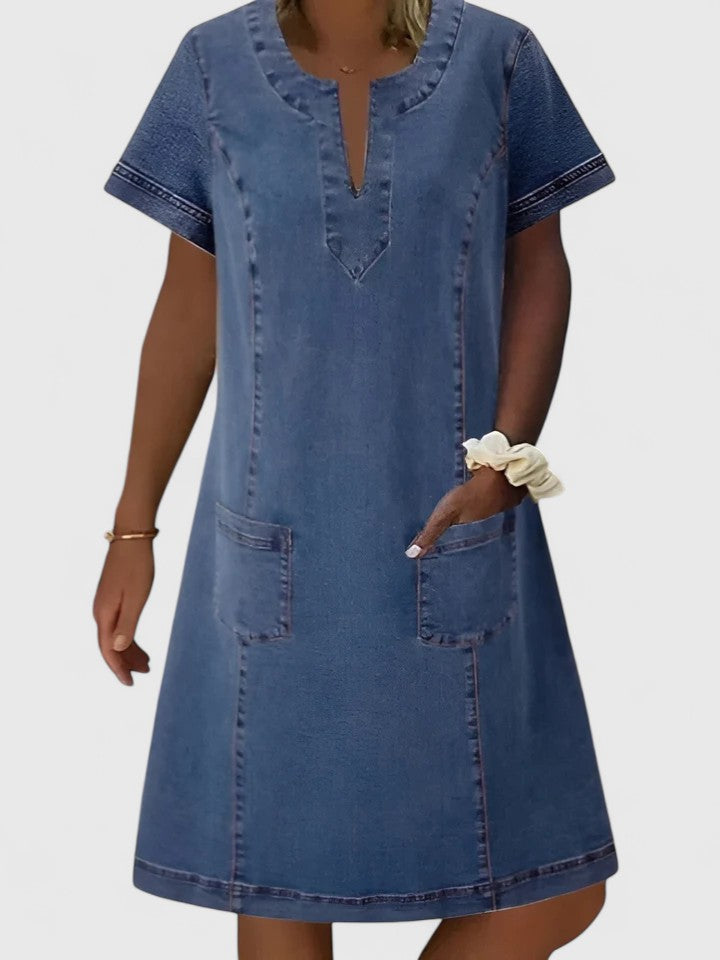 Lacey | Blue V-Neck Denim Dress with Pockets