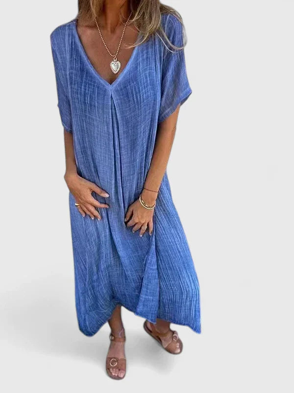 Margery | V-Neck Linen Dress with Short Sleeves