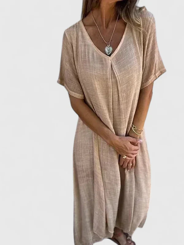Margery | V-Neck Linen Dress with Short Sleeves