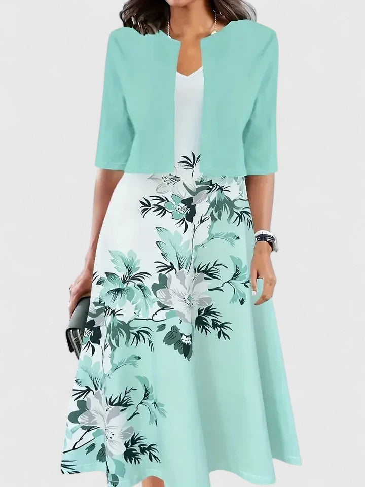 Coraliene | Floral Print Midi Dress with Cardigan