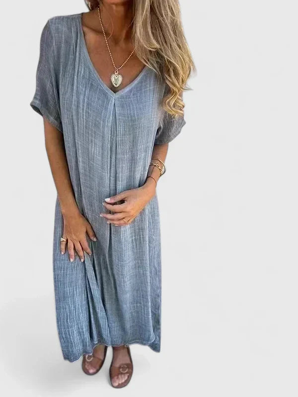 Margery | V-Neck Linen Dress with Short Sleeves