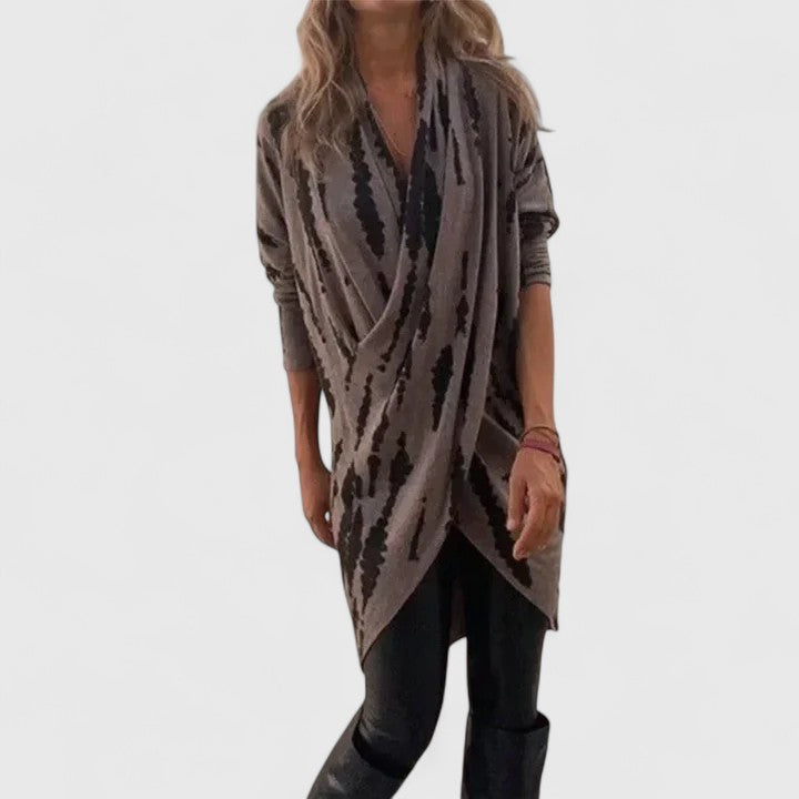Cleona | Brown Tie-Dye Wrap Dress Long Sleeve