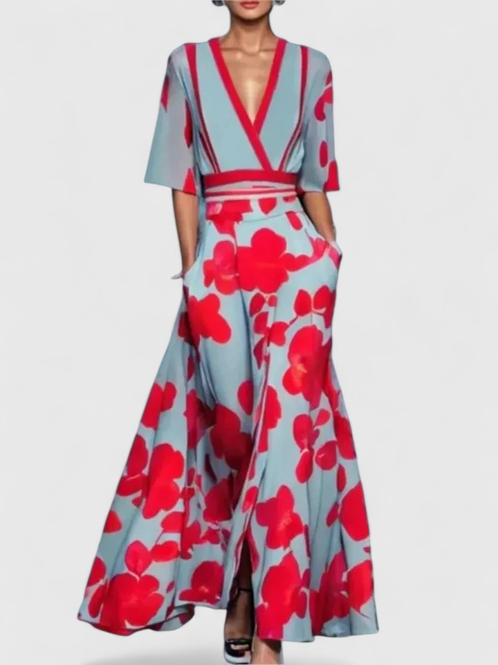 Hattie-Rose | Floral V-Neck Maxi Dress with Sleeves