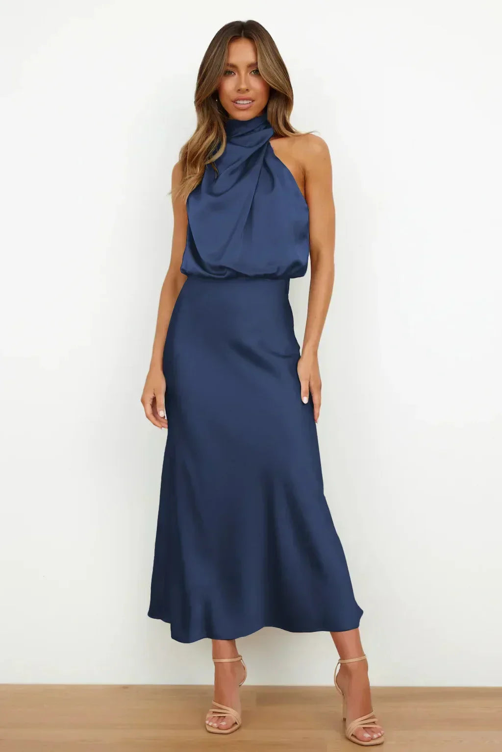 Tessina | Draped Halter Neck Satin Midi Dress