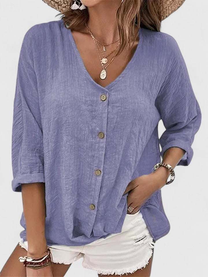 Melora | V-Neck Button-Up Blouse with Long Sleeves