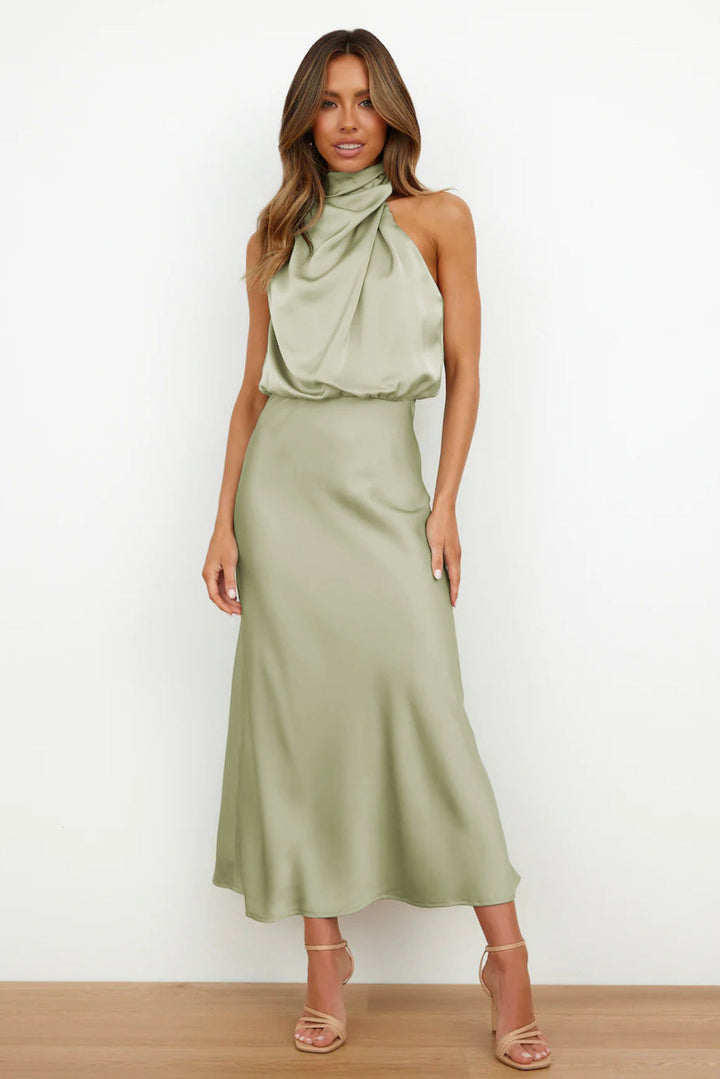 Tessina | Draped Halter Neck Satin Midi Dress