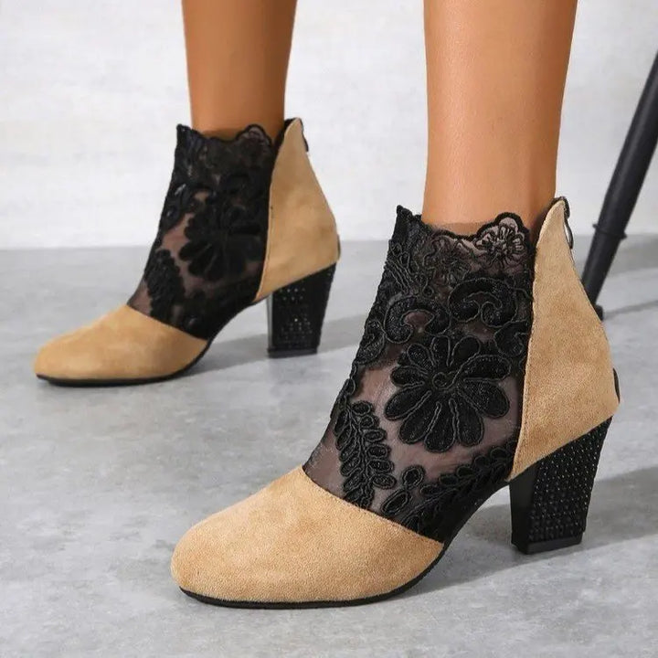 Antje | Lace Floral Block Heel Ankle Boots